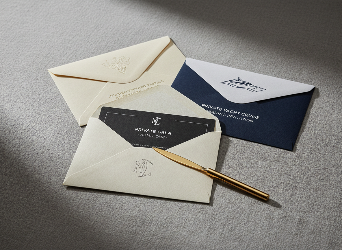 A refined vignette of exclusive access captured through a still-life of three meticulously arranged, invitation-style envelopes on a stone-gray linen surface. The top envelope, made of thick, textured ivory cardstock, is embossed with a discreet platinum monogram and partially reveals a black-tie event pass with a minimalist design. Another envelope shows a stylized boarding invitation for a private yacht, with a deep navy and white palette, while the third hints at a secluded vineyard tasting reservation. A slim, brushed-gold letter opener rests diagonally across the composition. Soft, directional studio lighting from the upper left casts elegant, elongated shadows, emphasizing paper grain and metallic accents. Photographic realism, a slightly elevated camera angle, and a calm, uncluttered composition create an atmosphere of exclusivity, discretion, and high-touch concierge curation.