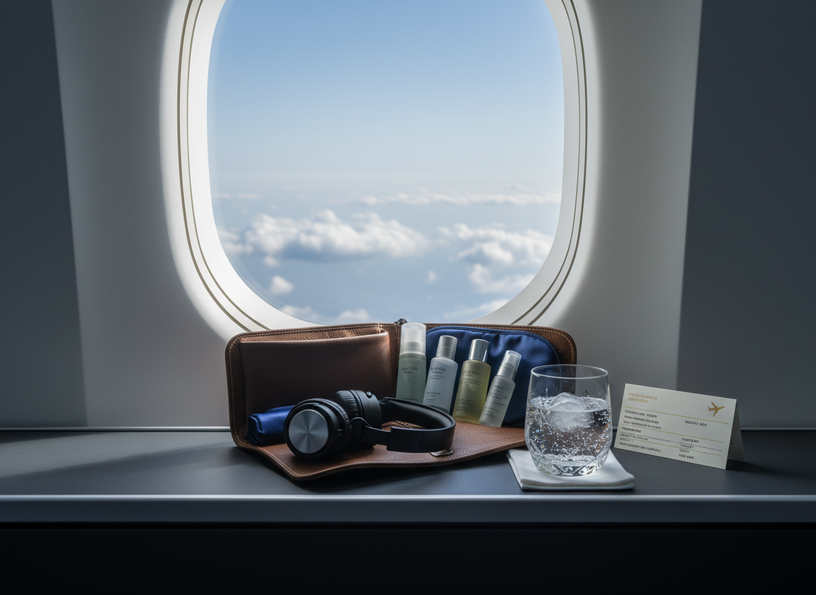 An elevated in-flight experience presented as a still-life on a wide, matte charcoal aircraft side ledge beside an oversized window. A finely stitched dark leather amenity pouch lies open, revealing carefully arranged travel-sized skincare bottles with frosted glass, a rolled silk eye mask, and noise-canceling headphones with brushed-metal accents. Next to them, a crystal tumbler of sparkling water rests on a crisp white linen coaster, alongside a slim, embossed itinerary card detailing a multi-leg journey. Outside the window, soft-focus clouds float beneath a gentle blue gradient sky. Cool, diffused daylight pours in, creating soft highlights and delicate shadows that enhance the textures. Photographic realism, eye-level framing, and a clean, minimalist composition evoke calm, comfort, and the quiet luxury of seamlessly managed long-haul travel.