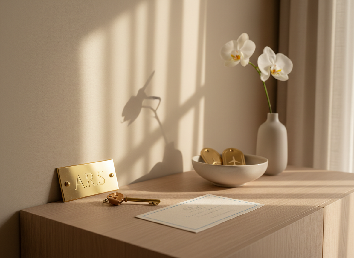 A serene private villa arrival scene focused on a meticulously styled entry console made of pale oak with a satin finish, positioned against a smooth, sand-colored wall. On the console, a small, engraved brass plaque with the guest’s initials stands beside a key set on a discreet leather fob, resting on a folded, embroidered linen welcome card. A minimalist ceramic bowl holds two vintage brass luggage tags, while a single white orchid stem in a matte porcelain vase adds sculptural elegance. Late afternoon sunlight filters through sheer curtains, casting soft, dappled patterns across the surface and creating warm, inviting shadows. Captured at a slightly low, three-quarter angle with selective focus on the plaque and key, the photographic realism and intimate, tranquil atmosphere suggest a flawlessly prepared stay tailored by a private concierge.