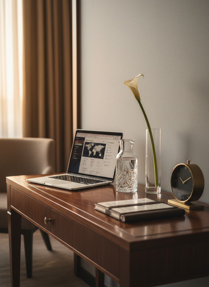 An opulent hotel suite console table styled as a concierge command center, crafted from dark walnut with a mirror-like finish, set against a muted dove-gray wall. On the table rests an open, high-end laptop displaying a curated travel dashboard, beside a crystal carafe of water and a single, long-stemmed white calla lily in a slim glass vase. A leather-bound notebook with silver-edged pages is neatly aligned next to a minimalist brass desk clock. Warm, indirect golden hour light filters through unseen floor-to-ceiling windows, reflecting softly on the polished wood and crystal. Captured at eye-level with a slight three-quarter angle and shallow depth of field, the photographic realism and tranquil, understated luxury atmosphere evoke seamless private concierge coordination behind every journey.