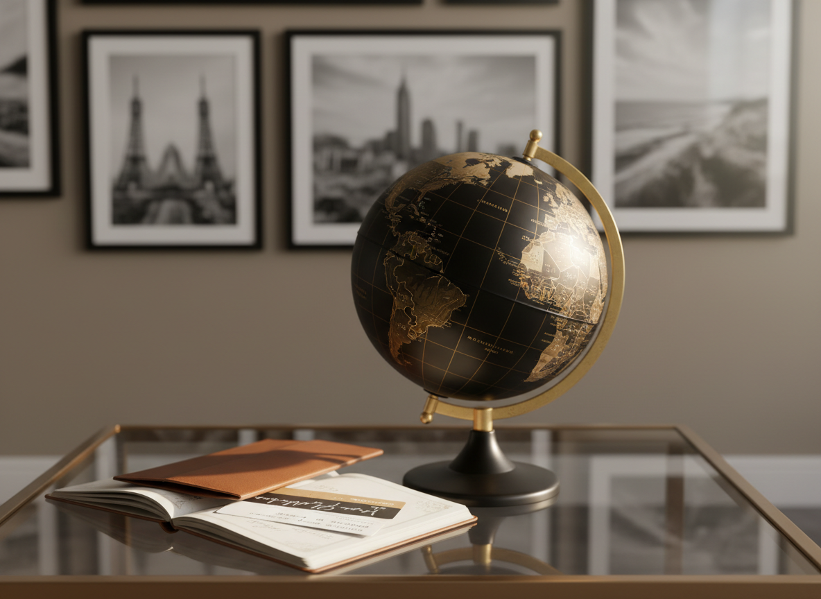 A beautifully curated globe-trotting scene featuring a finely detailed, matte-finished black and gold world globe centered on a low, smoked-glass table. Beside it, an open, cream-colored travel planner with handwritten notes and elegant boarding passes peeks out from a slim, cognac leather document wallet. In the background, blurred silhouettes of iconic skylines and coastlines appear as framed monochrome photographs on a taupe wall. Soft morning sunlight streams from the right, creating delicate highlights on the globe’s metallic meridians and subtle reflections in the glass tabletop. Shot from a slightly elevated angle using rule-of-thirds composition and gentle bokeh, the photographic realism and serene, aspirational mood suggest meticulously orchestrated bespoke itineraries crafted by an exclusive private concierge and travel designer.