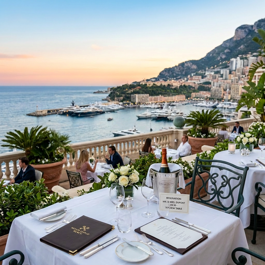 IMG_3923 Maître d’ presenting a reserved table with sea view overlooking harbor at sunset
