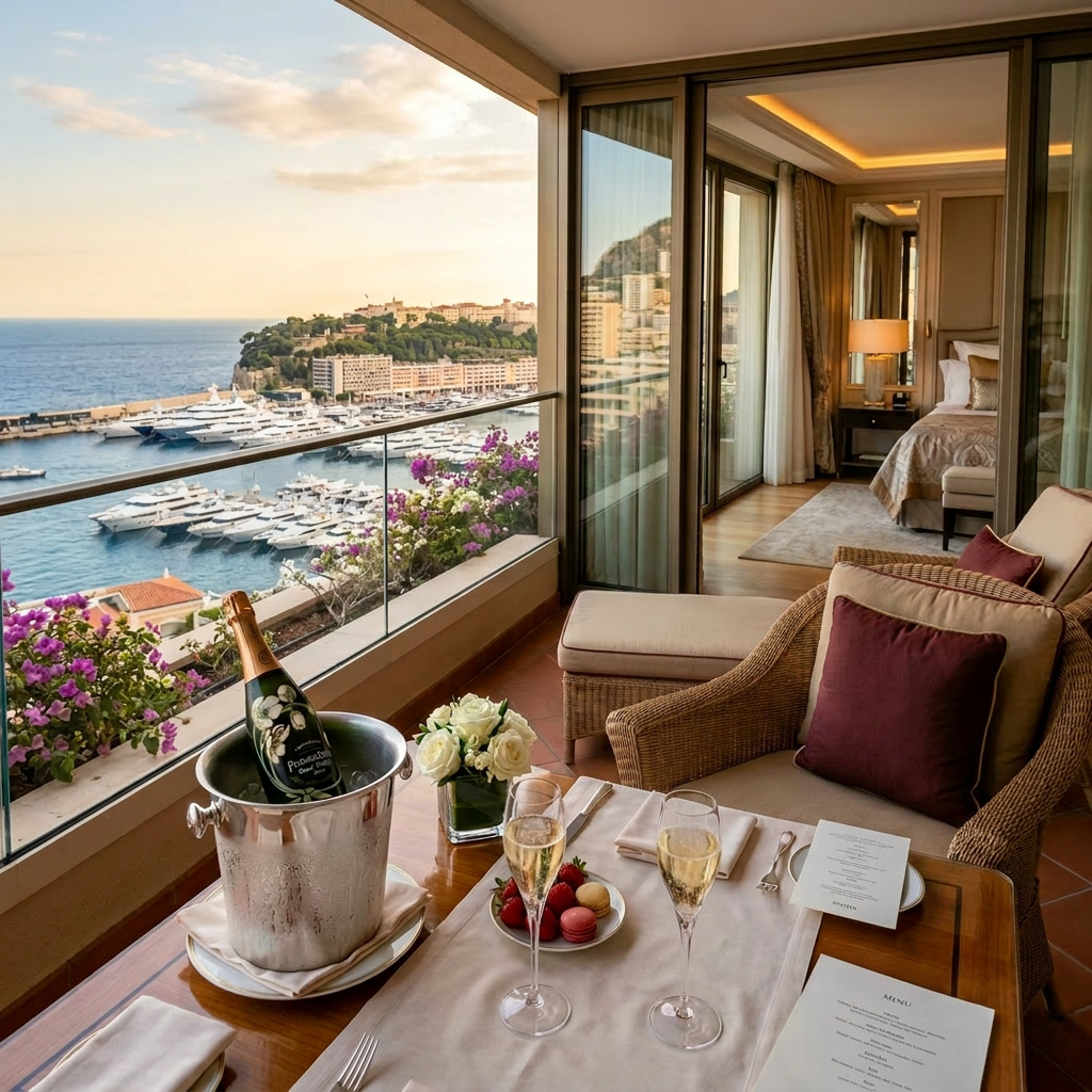 Woman holding champagne glass on balcony with ocean and yachts view