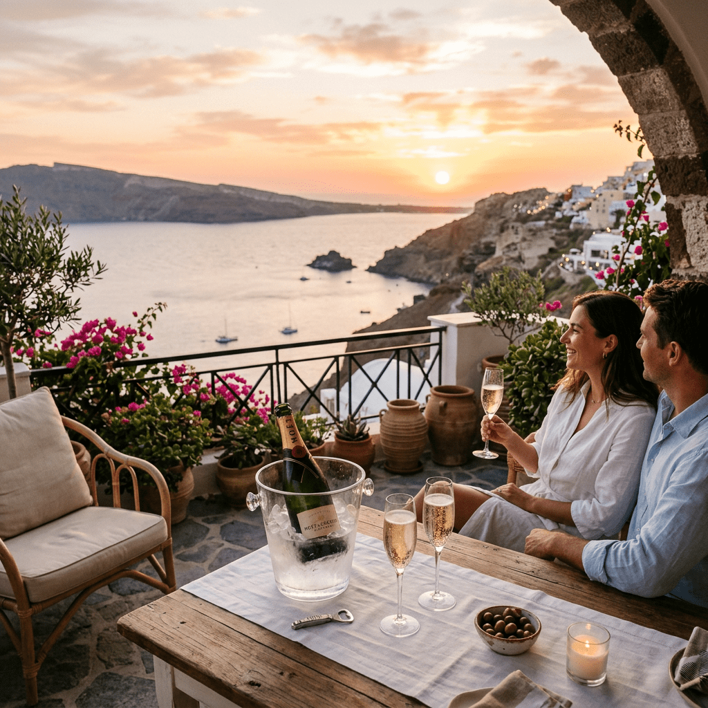 Couple sitting on a balcony with champagne, overlooking a sunset over sea and cliffs