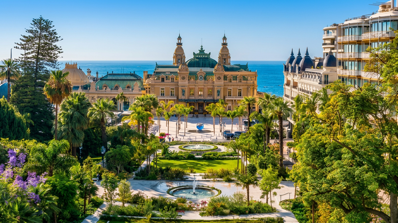Luxurious Monte Carlo Casino at Sunset Monte Carlo Casino building with gardens, fountains, and yachts in the sea at sunset